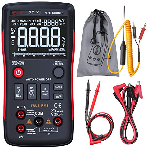 BSIDE EBTN LCD Multimeter 3-Line Display 9999 Counts Button Design True RMS Auto-Ranging Voltmeter Amp Volt Diode Temp Cap Tester with Alligator Clip