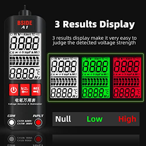 BSIDE A1 Digital Multimeter 3-Results Display Pocket Smart Auto Range Voltmeter Resistance Frequency Continuity V-Alert Live Wire Voltage Tester with Flashlight