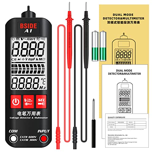 BSIDE A1 Digital Multimeter 3-Results Display Pocket Smart Auto Range Voltmeter Resistance Frequency Continuity V-Alert Live Wire Voltage Tester with Flashlight