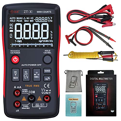 BSIDE EBTN LCD Multimeter 3-Line Display 9999 Counts Button Design True RMS Auto-Ranging Voltmeter Amp Volt Diode Temp Cap Tester with Alligator Clip