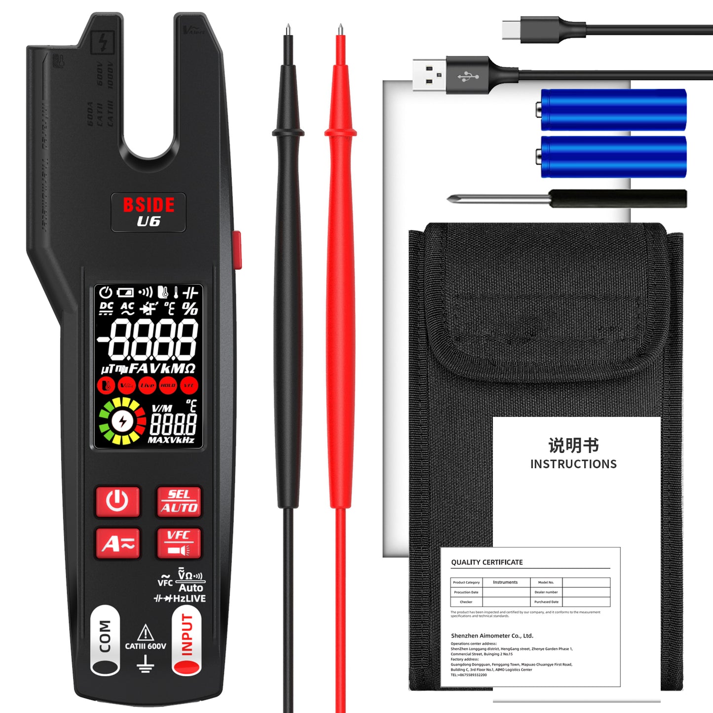 BSIDE U6 Professional Digital Clamp Meter U6 Fork 600A Ammeter Pliers T-RMS DC AC Current OpenJaw Electrical Tester Auto Multimeter