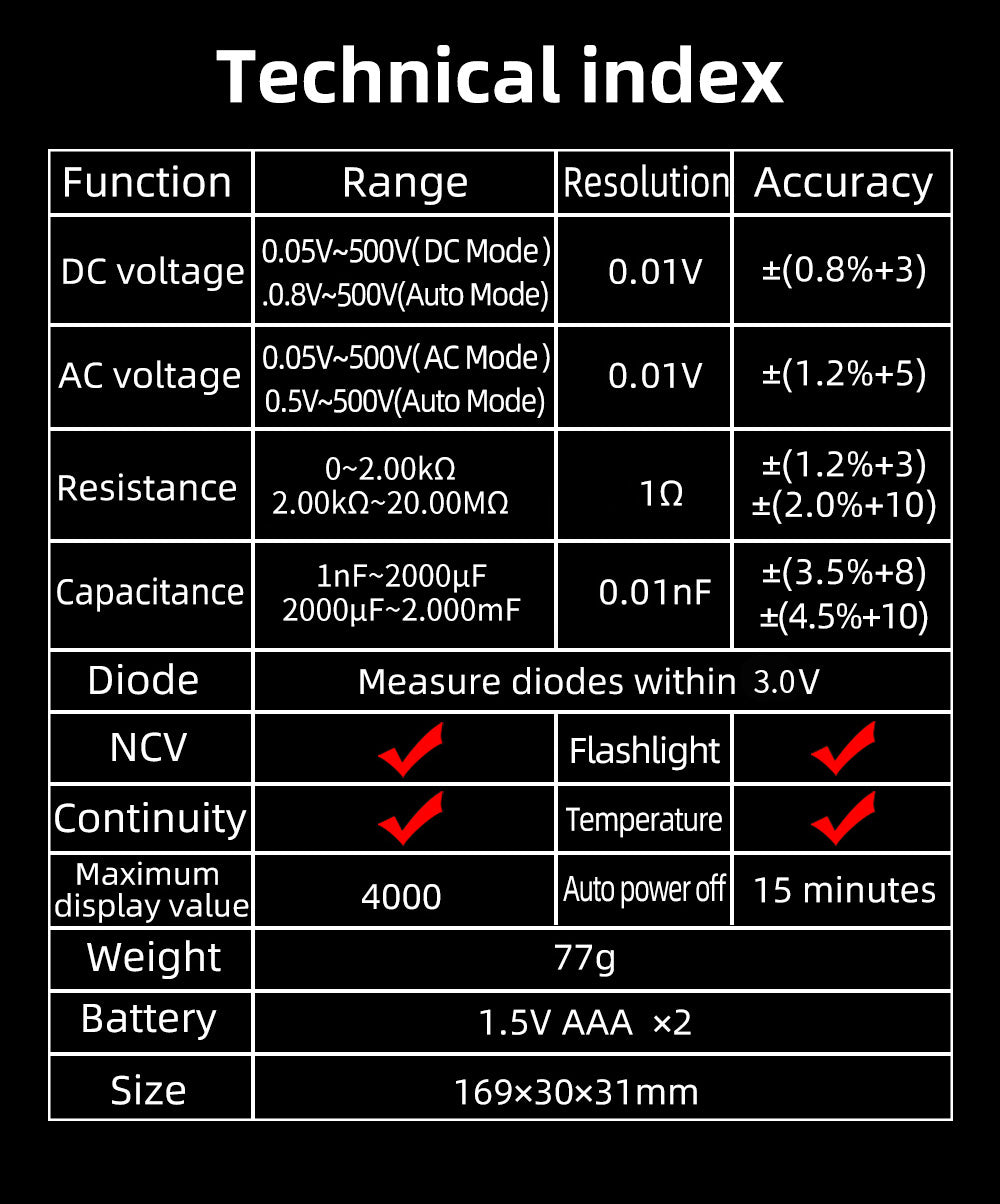 BSIDE A3 Smart Digital Multimeter Pen Type Multitester True RMS Voltmeter DC AC Voltage Capacitance Ohm Hz Diode NCV Live Tester