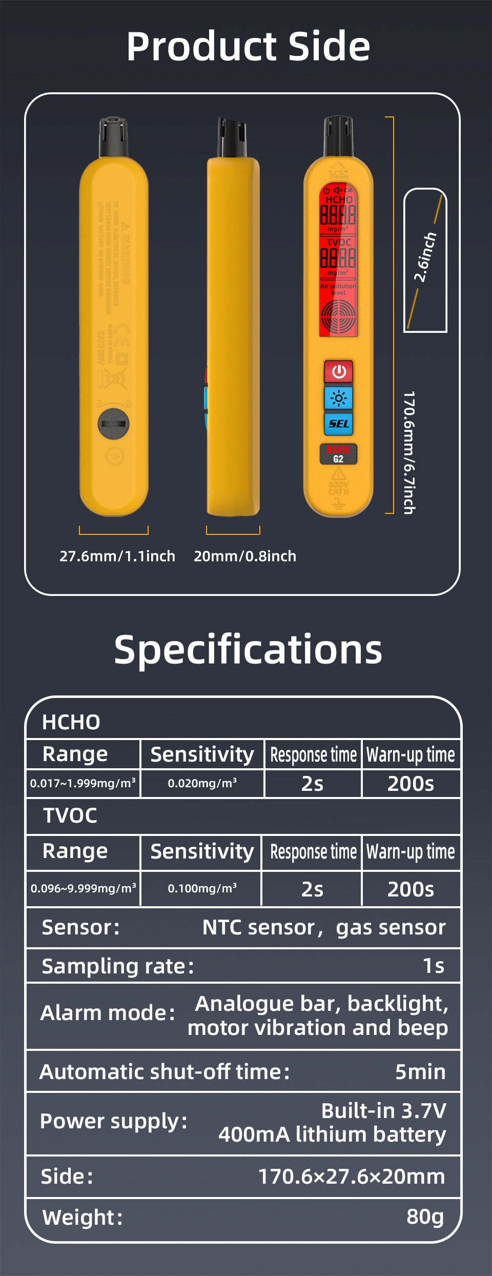 BSIDE G2 Air Quality Detector Auto Alarm Formaldehyde HCHO TVOC Portable LCD Display Home Office Detection Rechargeable