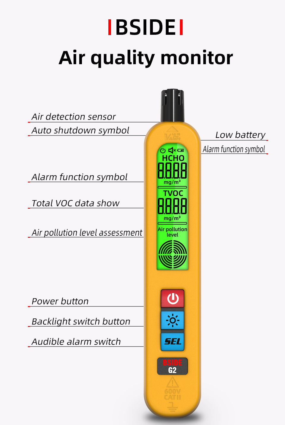 BSIDE G2 Air Quality Detector Auto Alarm Formaldehyde HCHO TVOC Portable LCD Display Home Office Detection Rechargeable