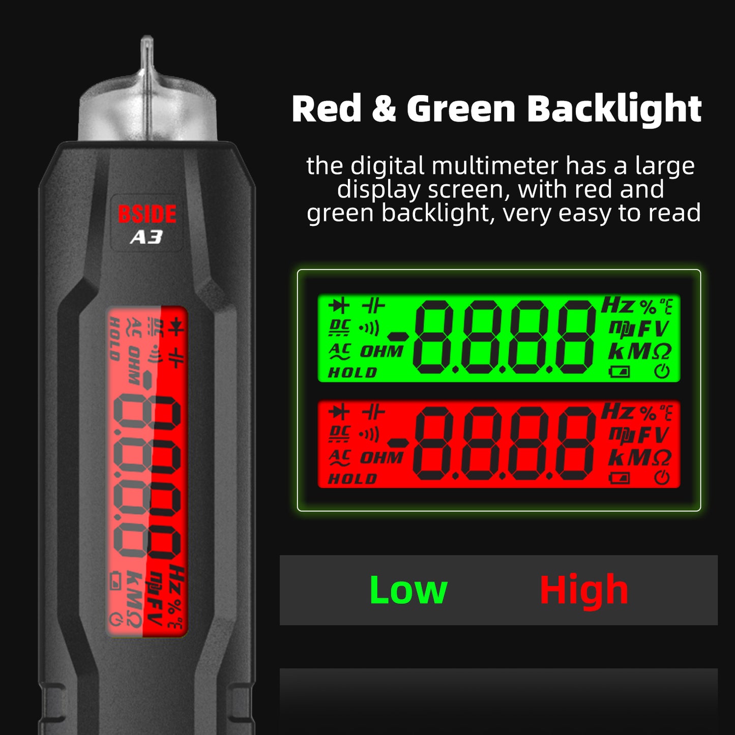 BSIDE A3 Mini Non-Contact Voltage Tester Digital AC/DC Voltage Detectors True RMS Smart Multimeter Capacitance Temp Ohm Diode Hz