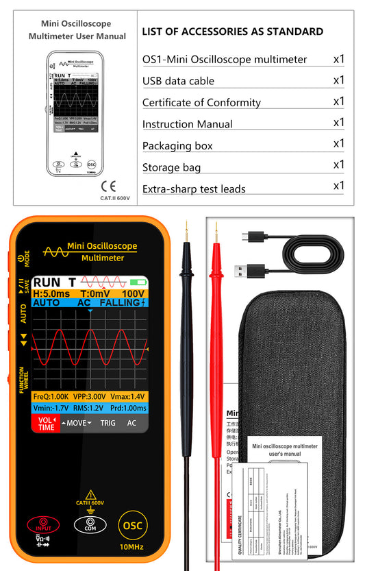 BSIDE OS1 Oscilloscope Digital Multimeter 10MHz Bandwidth 2in1 Meter Auto Waveform Measurement 2.8"TFT 6000 Counts USB-C 1200mAh