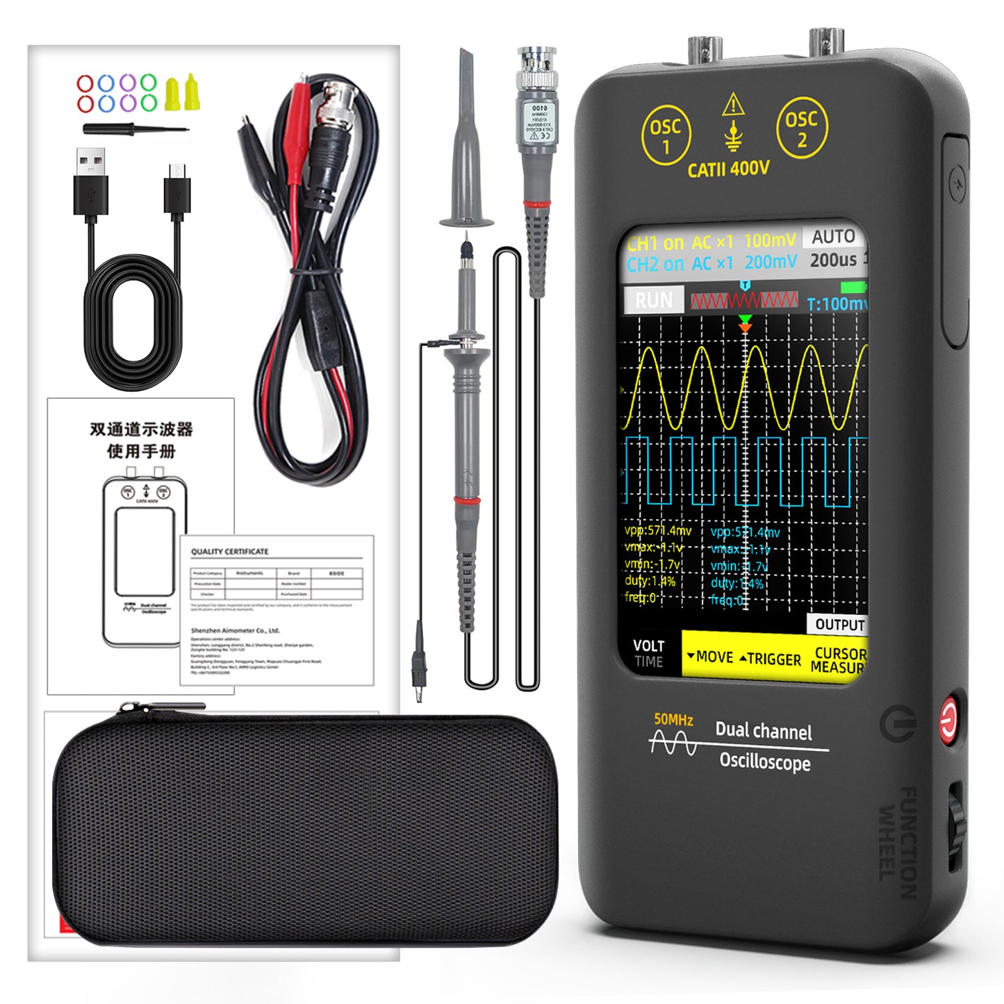 BSIDE Dual Channels Handheld Oscilloscope 50MHz Bandwidth Touch LCD Scope Tester DDS Rechargeable Battery for Automotive Lab Electronic Repair