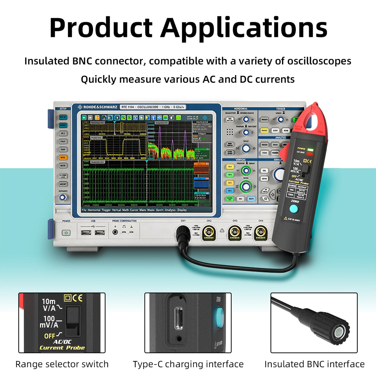 BSIDE UP1 Oscilloscope Current Probe, AC/DC Current Clamp 100A, 10A/100A Dual Range, 10mV/A and 100mV/A Output, 20kHz AC Bandwidth, Rechargeable Li-Ion Battery, CAT III 600V
