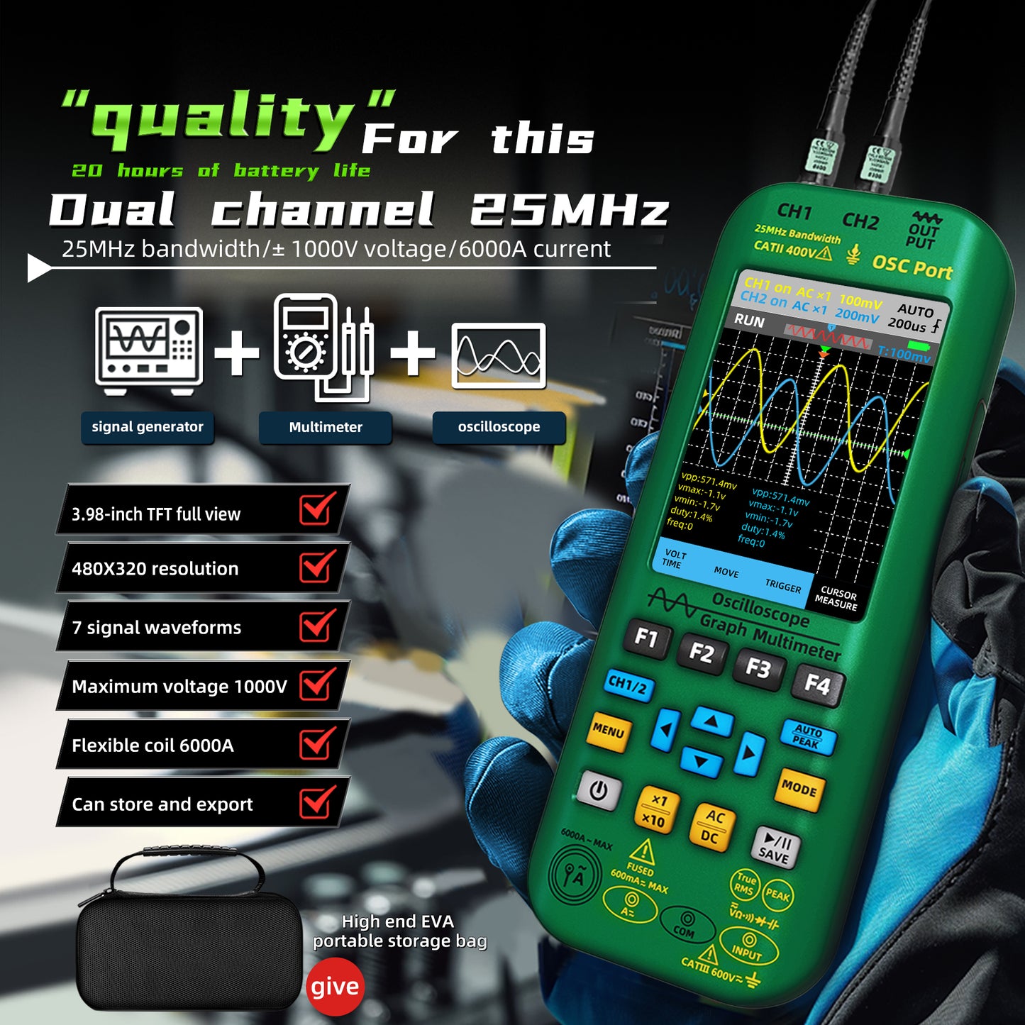 BSIDE O7 Handheld Oscilloscope 4-IN-1 Digital Multimeter+Function Signal Generator Dual Channel 25MHz*2 Vol 6000A Current Tester