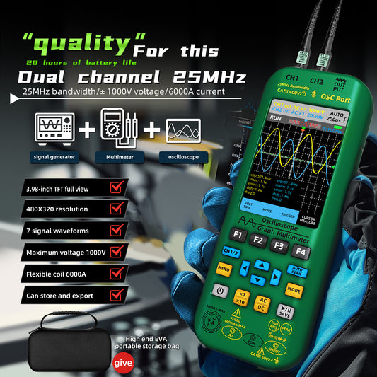 BSIDE Handheld Oscilloscope 4-IN-1 Digital Multimeter+Function Signal Generator Dual Channel 25MHz*2 Vol 6000A Current Tester