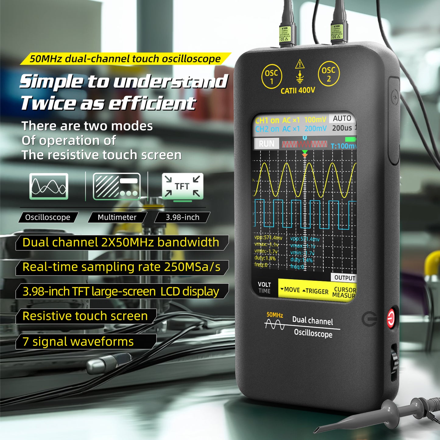 BSIDE Dual Channels Handheld Oscilloscope 50MHz Bandwidth Touch LCD Scope Tester DDS Rechargeable Battery for Automotive Lab Electronic Repair