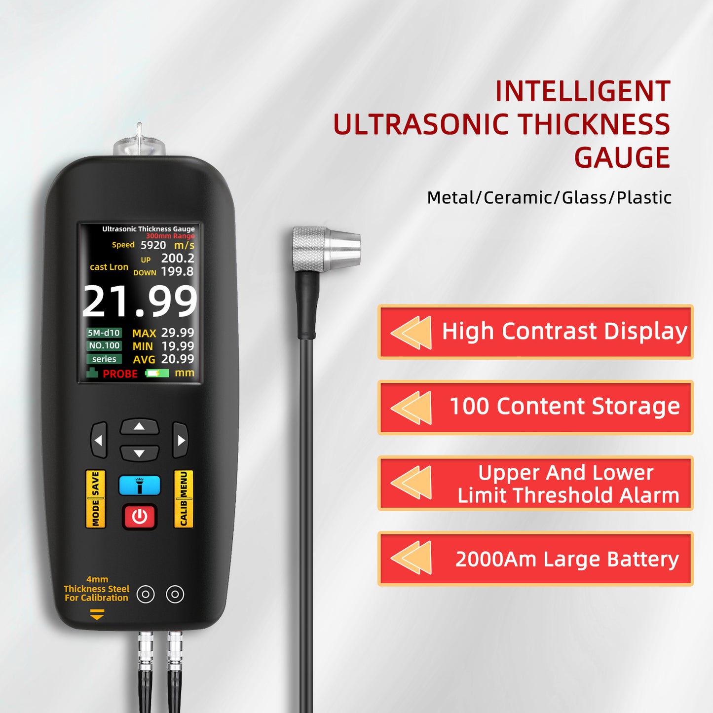 BSIDE Digital Ultrasonic Thickness Gauge High Precision Metallic ceramics composites Tester Meter 1-300mm 0.01mm Resolution