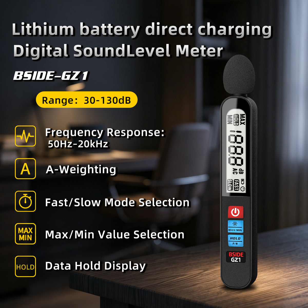 BSIDE GZ1 Sound Level Meter, Digital Decibel Meter 30-130dB, Noise Meter with 50Hz-20kHz Frequency Response, A-Weighting, Fast/Slow, MAX/MIN, Data Hold, Backlit LCD, Rechargeable Battery