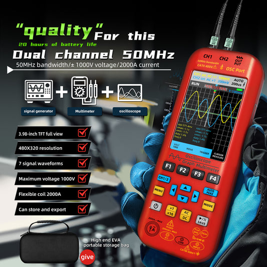 BSIDE NEW Handheld Oscilloscope Digital Multimeter+Function Signal Generator 4-IN-1 Dual Channel 50MHZ*2 280MS/s Graphic Meter