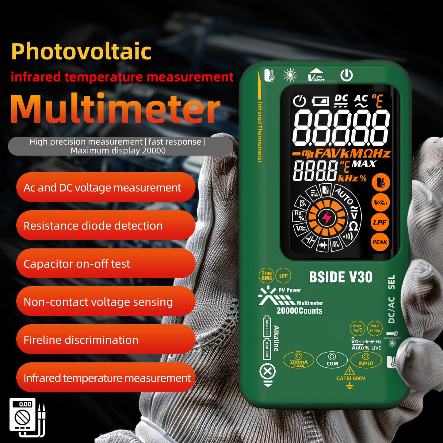 BSIDE Photovoltaic Intelligent Multimeter Digital 1500V Mining 20,000 Character Display, Infrared Temperature Measurement