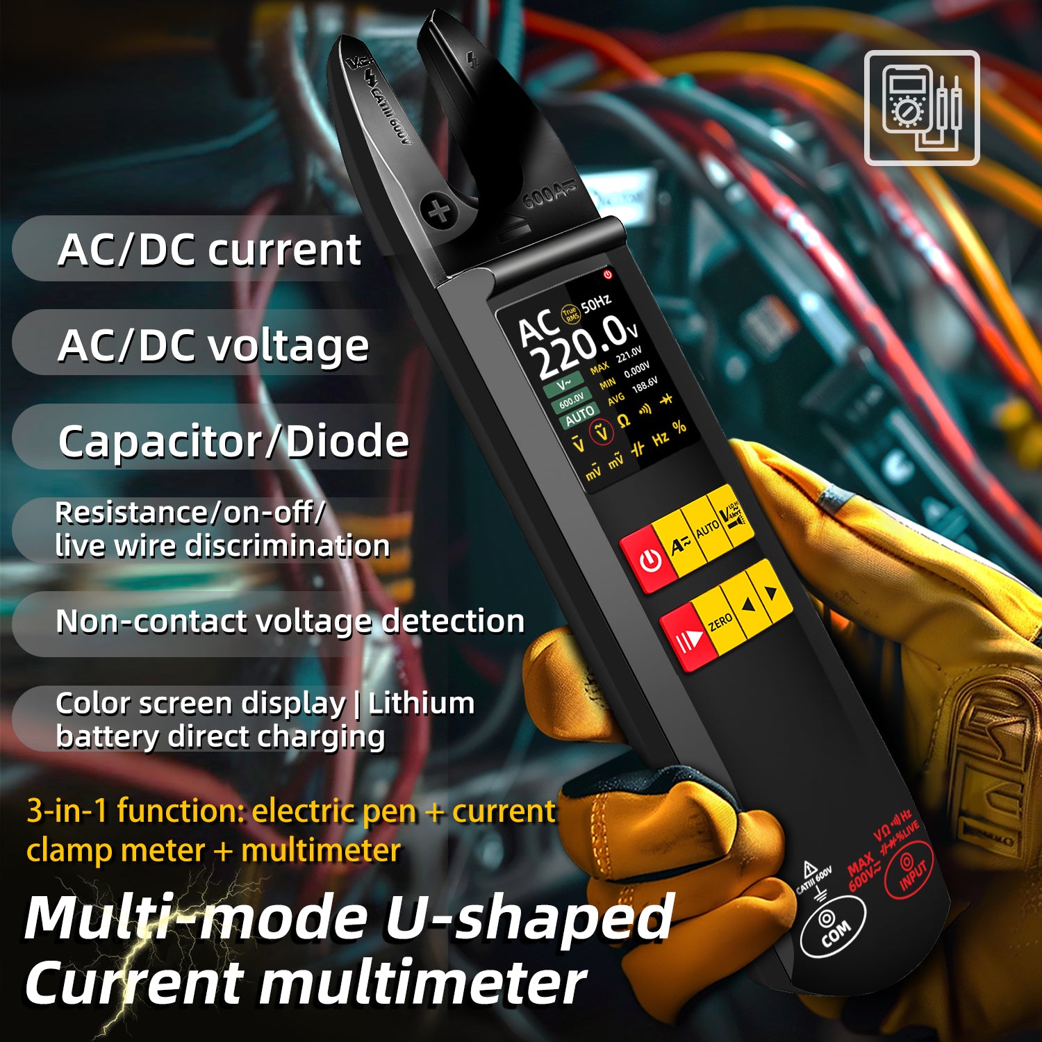 BSIDE U1 Open Jaw Digital Multimeter DC AC Current Clamp Meter 6000 Counts, Mini And Rechargeable, Measures Voltage Current Ohm Continuity Automatically, Capacitance Diode Duty Cycle Hz NCV Tester