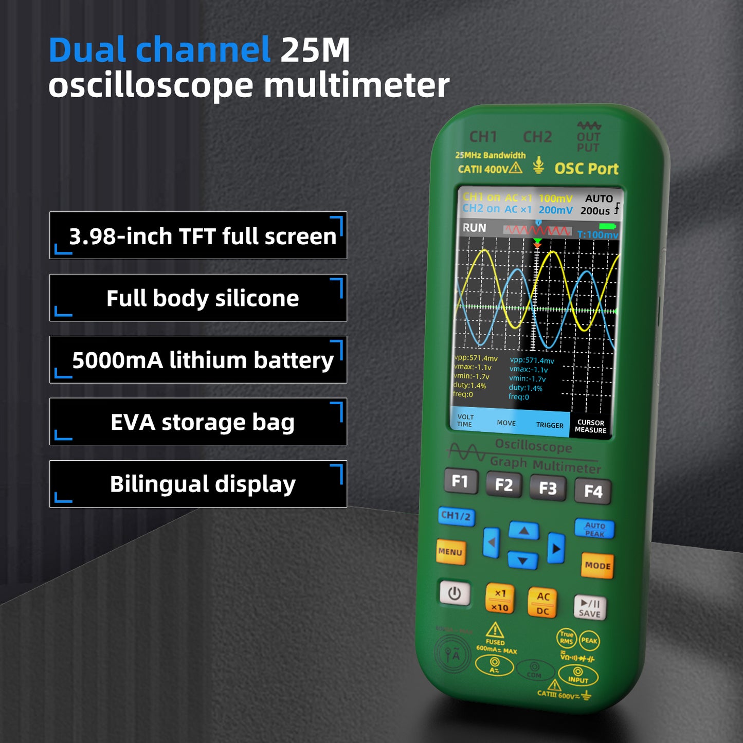 BSIDE O7 Handheld Oscilloscope 4-IN-1 Digital Multimeter+Function Signal Generator Dual Channel 25MHz*2 Vol 6000A Current Tester