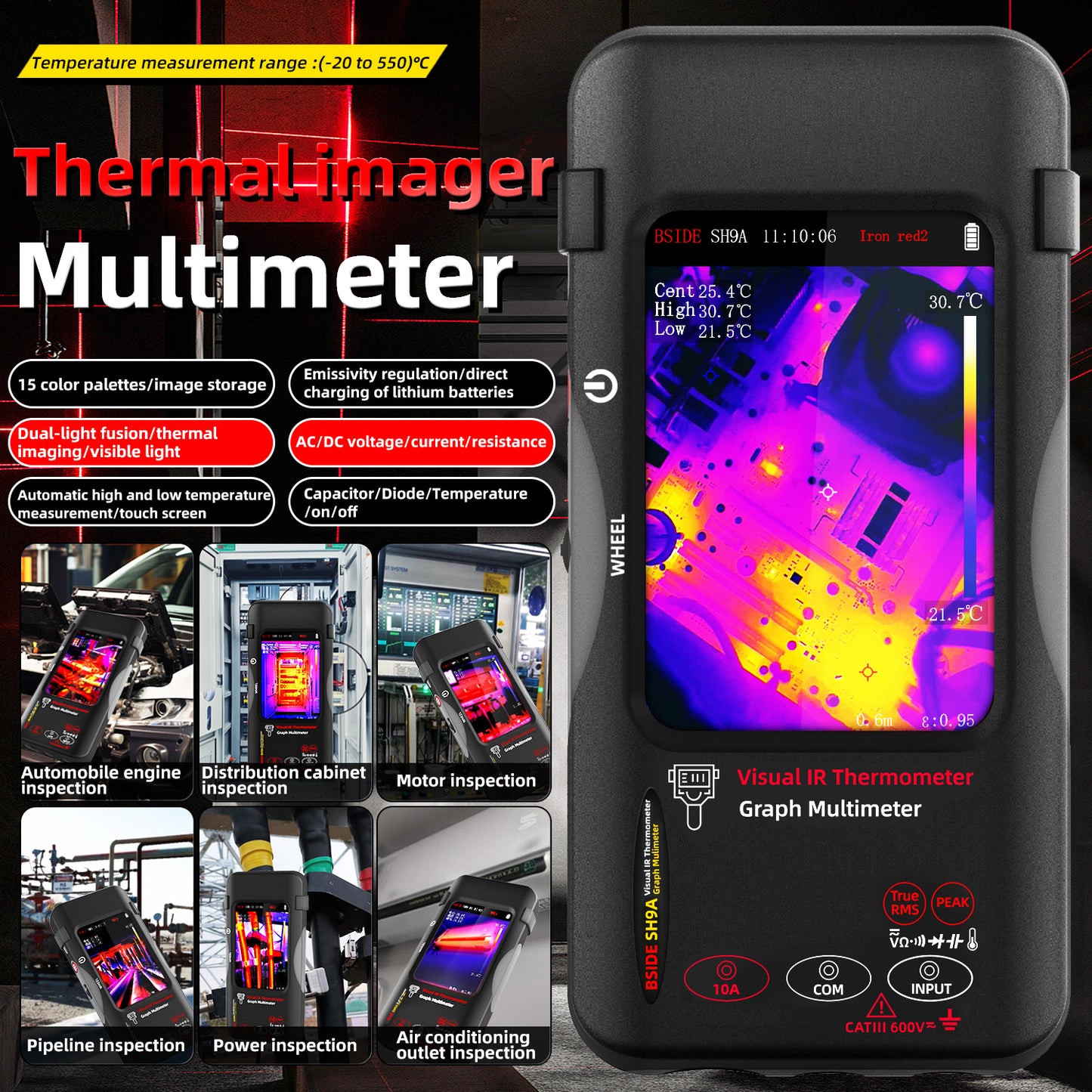 BSIDE SH9A thermal imaging multimeter High-resolution thermal imager+20000-word multimeter 2-in-1 touch screen AC/DC 10A Suitable for PCB repair, electrical, HVAC, and industrial applications