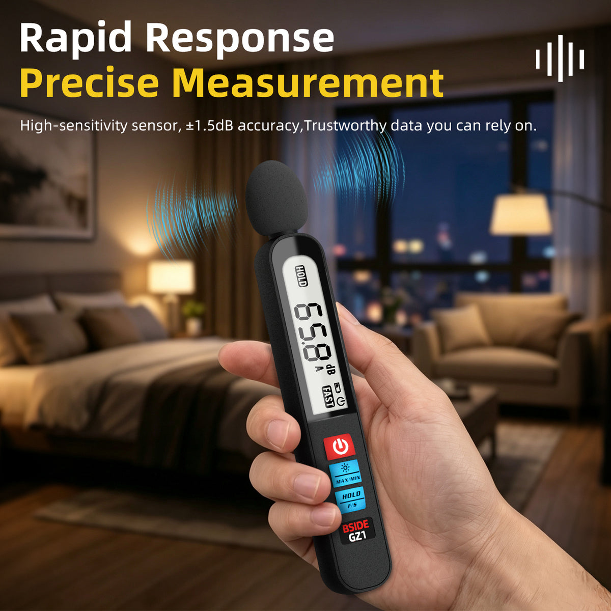 BSIDE GZ1 Sound Level Meter, Digital Decibel Meter 30-130dB, Noise Meter with 50Hz-20kHz Frequency Response, A-Weighting, Fast/Slow, MAX/MIN, Data Hold, Backlit LCD, Rechargeable Battery