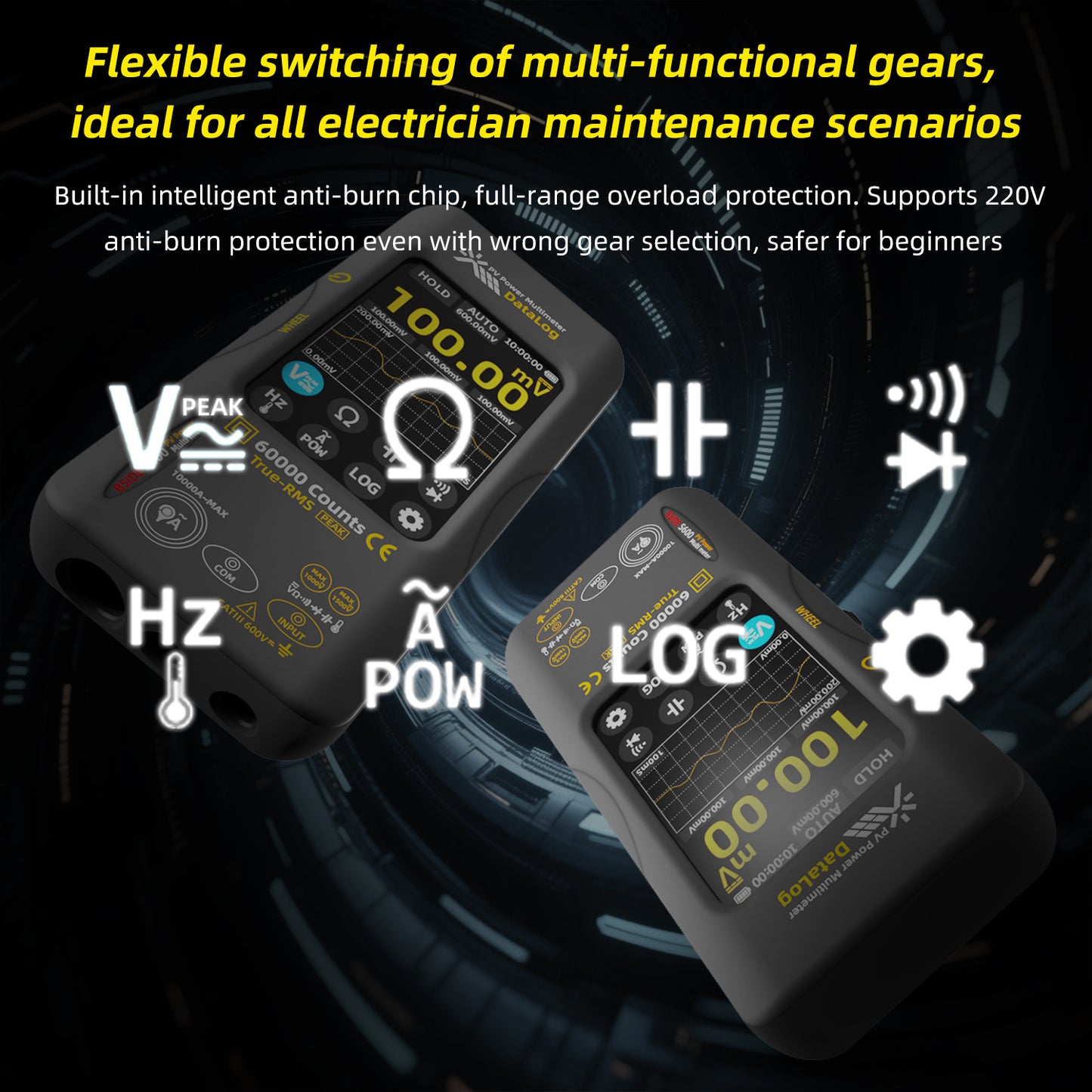 BSIDE S600 Professional Multimeter: 60,000-count power calculation, full-featured logging mode, 1500V AC 10000A, 3000mA recharge