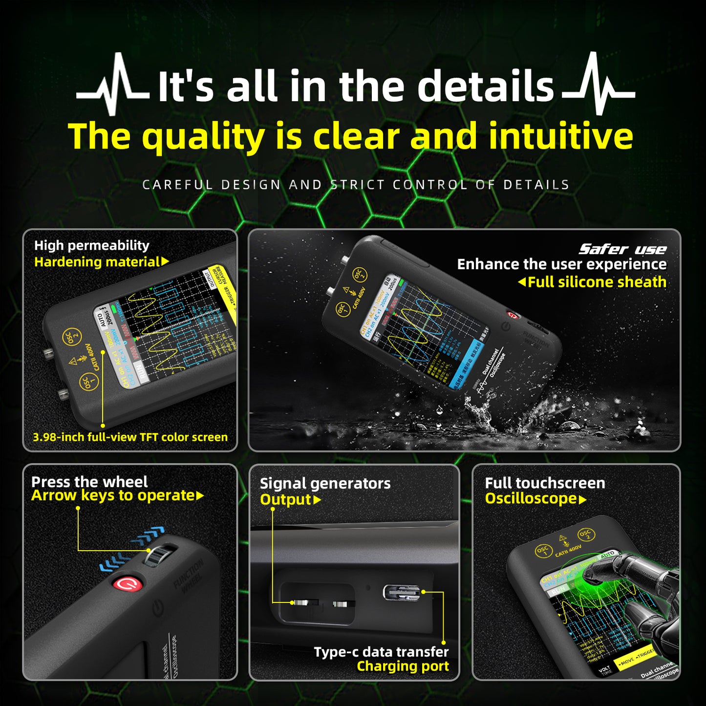 BSIDE Dual Channels Handheld Oscilloscope 50MHz Bandwidth Touch LCD Scope Tester DDS Rechargeable Battery for Automotive Lab Electronic Repair