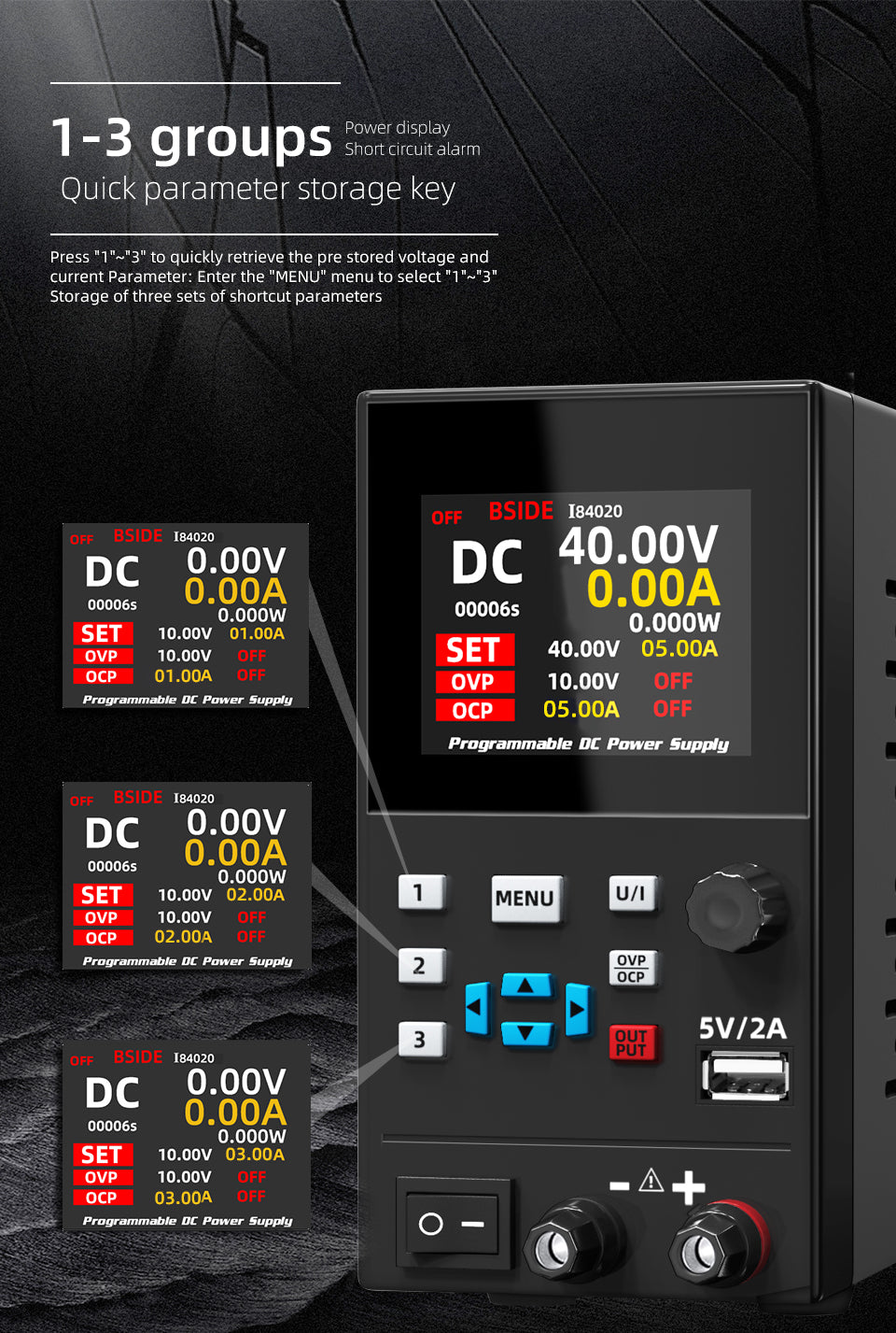 BSIDE 40V 20A DC Power Supply Variable, Programmable with Encoder Knob, Adjustable Switching Regulated Bench Power Supply, 4-Digits LED Display with Memory Storage, 5V/2A USB Ports and Output Button