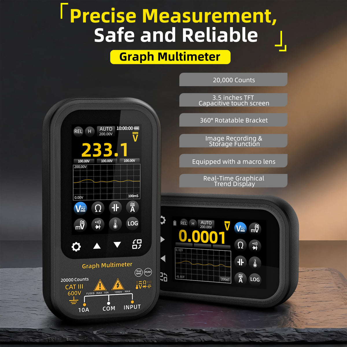 BSIDE S700 Graphing Multimeter, 20000 Counts Digital Multimeter with 3.5" TFT Capacitive Touchscreen, True RMS, Data Logging, 1000V DC/750V AC, 10A AC/DC, USB-C