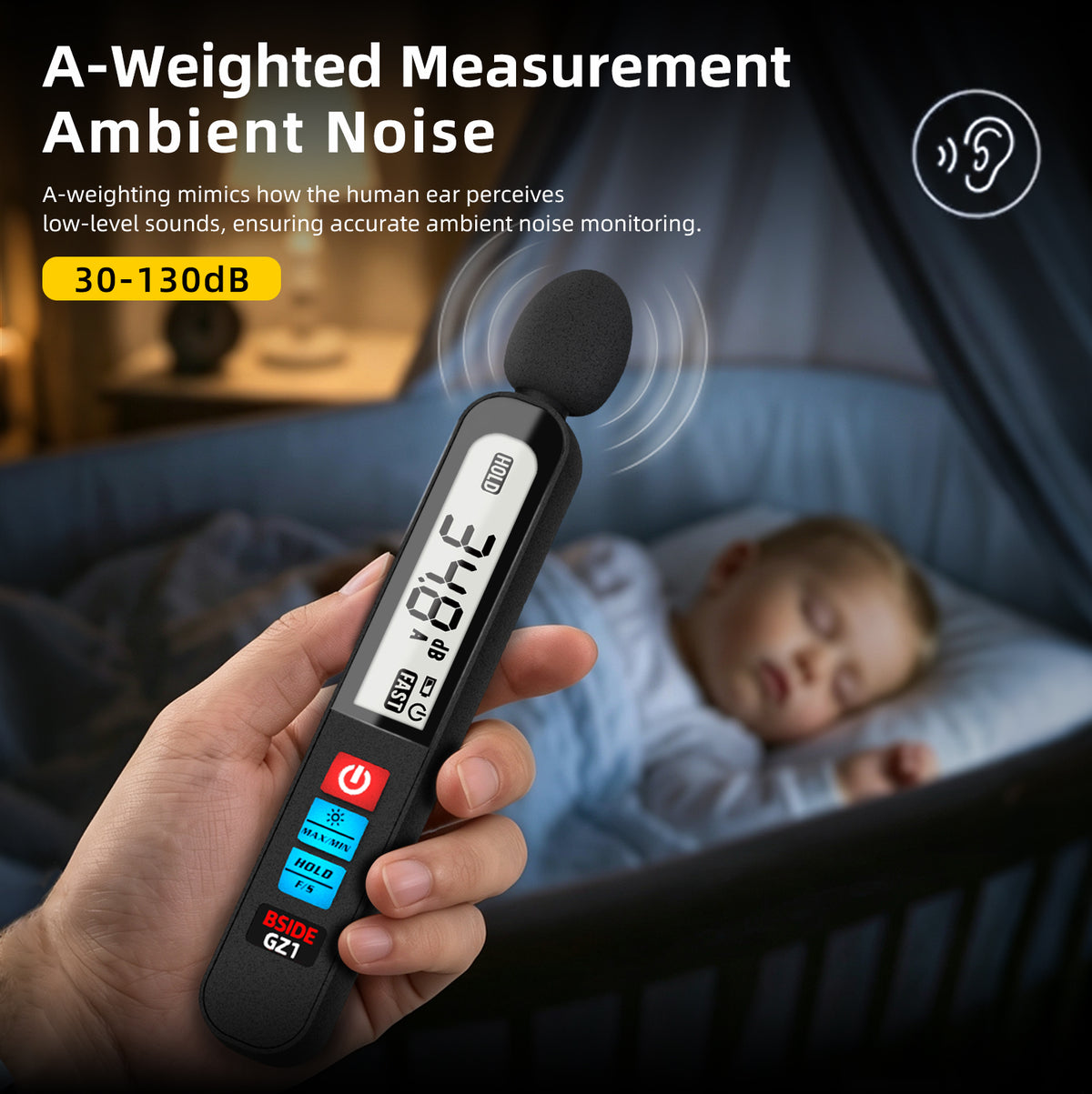 BSIDE GZ1 Sound Level Meter, Digital Decibel Meter 30-130dB, Noise Meter with 50Hz-20kHz Frequency Response, A-Weighting, Fast/Slow, MAX/MIN, Data Hold, Backlit LCD, Rechargeable Battery