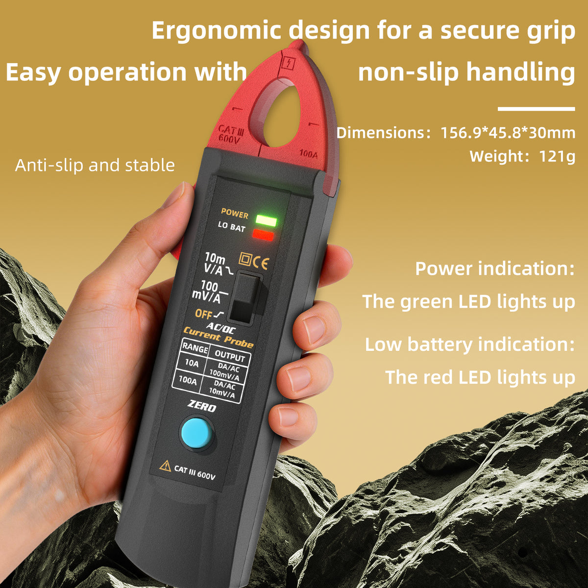 BSIDE UP1 Oscilloscope Current Probe, AC/DC Current Clamp 100A, 10A/100A Dual Range, 10mV/A and 100mV/A Output, 20kHz AC Bandwidth, Rechargeable Li-Ion Battery, CAT III 600V