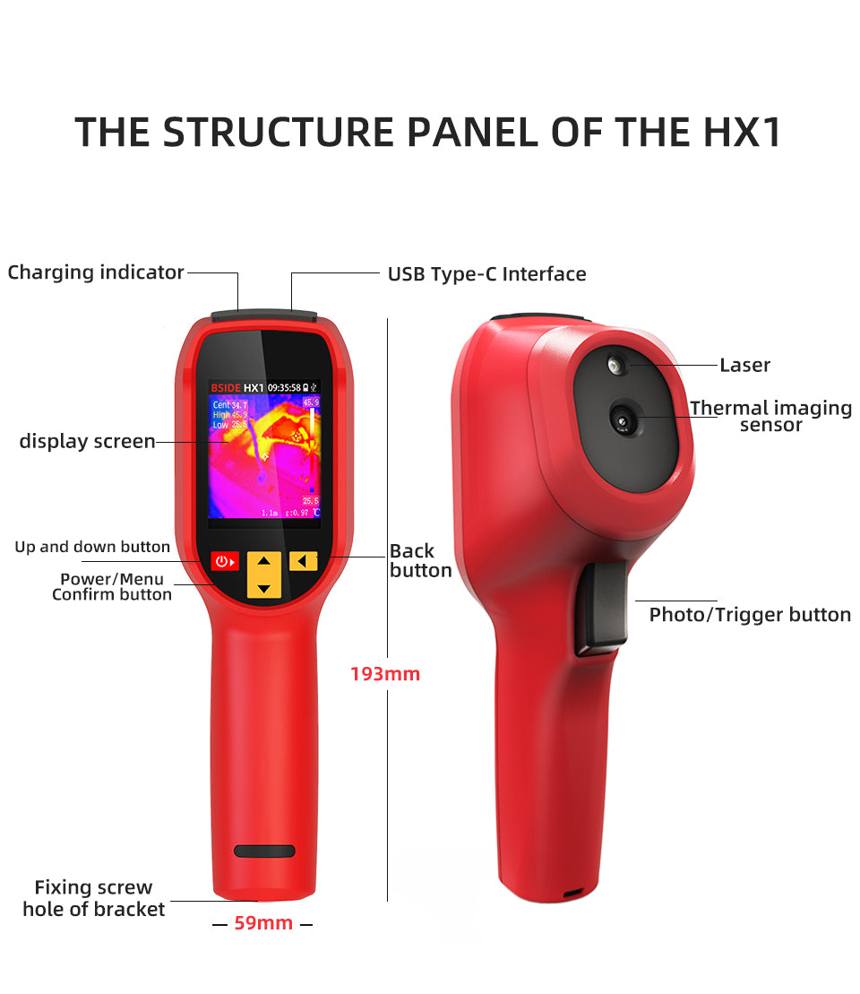 HX1 Small Thermal Imager Portable Thermographic Camera -20C to 550C Infrared Resolution Temperature Measurement 2.4inch TFT