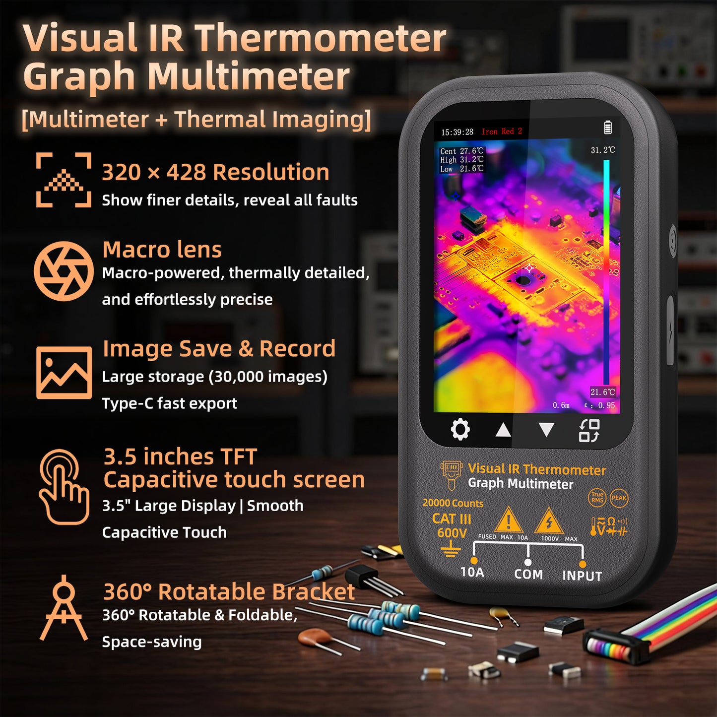 BSIDE SH8 thermal multimeter 192x256 true-resolution thermal imager, 20,000count professional multimeter, with a stand +macro lens
