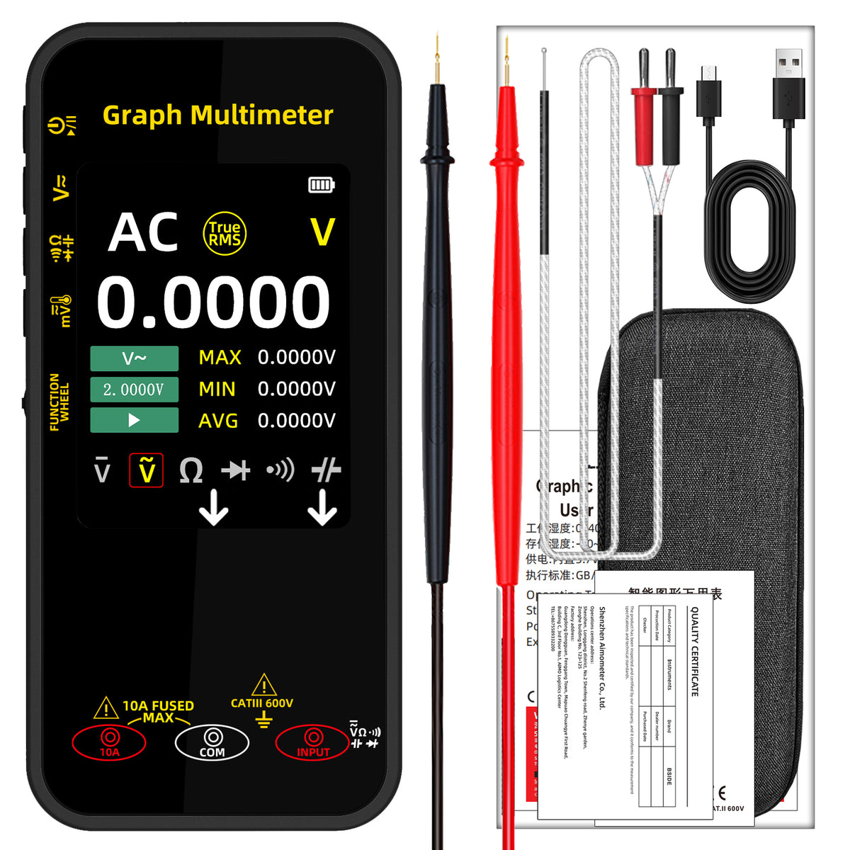 BSIDE Multimètre Numérique 20000 Comptes - Rechargeable TRMS 1000V Avec Mode Enregistrement Et Écran Couleur