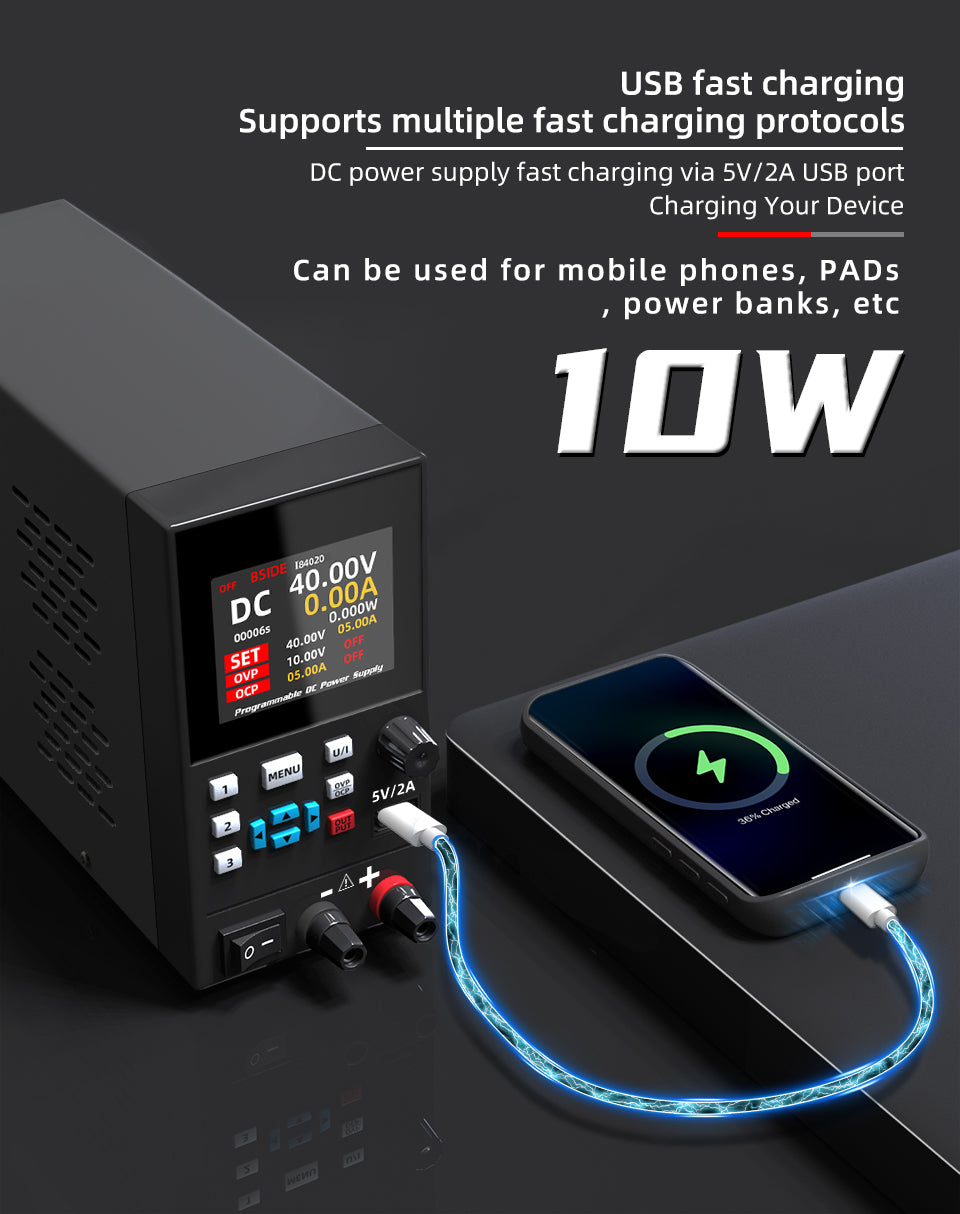 BSIDE 40V 20A DC Power Supply Variable, Programmable with Encoder Knob, Adjustable Switching Regulated Bench Power Supply, 4-Digits LED Display with Memory Storage, 5V/2A USB Ports and Output Button