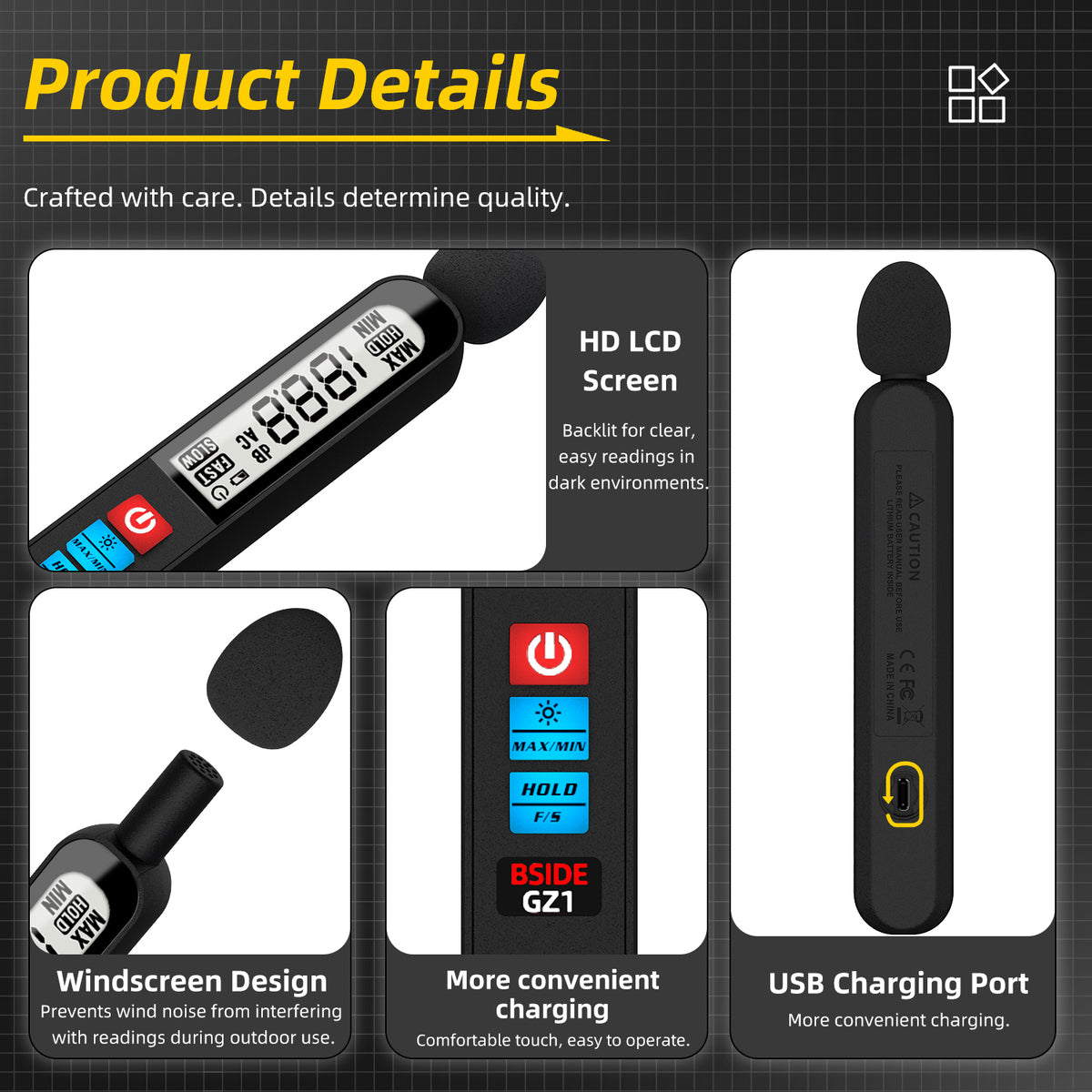 BSIDE GZ1 Sound Level Meter, Digital Decibel Meter 30-130dB, Noise Meter with 50Hz-20kHz Frequency Response, A-Weighting, Fast/Slow, MAX/MIN, Data Hold, Backlit LCD, Rechargeable Battery