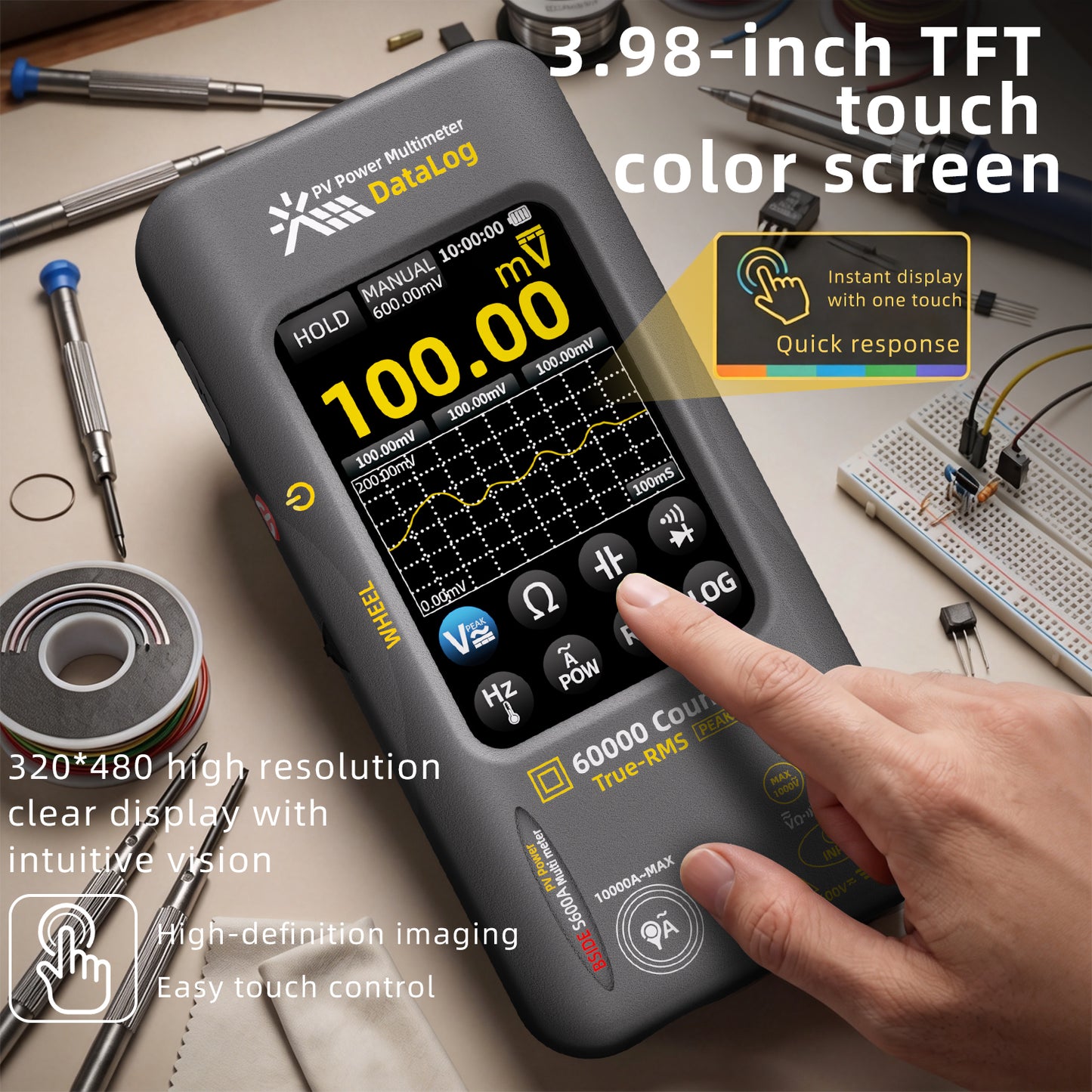BSIDE S600 Professional Multimeter: 60,000-count power calculation, full-featured logging mode, 1500V AC 10000A, 3000mA recharge