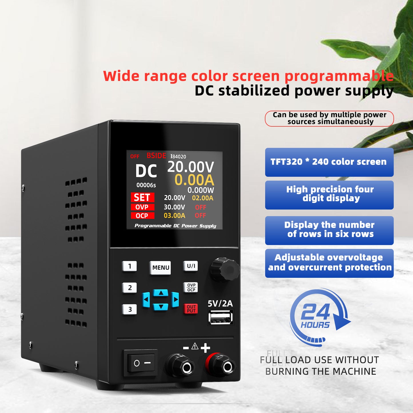 BSIDE 40V 20A DC Power Supply Variable, Programmable with Encoder Knob, Adjustable Switching Regulated Bench Power Supply, 4-Digits LED Display with Memory Storage, 5V/2A USB Ports and Output Button