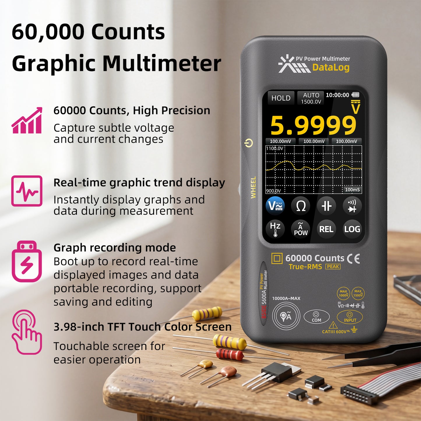 BSIDE S600 Professional Multimeter: 60,000-count power calculation, full-featured logging mode, 1500V AC 10000A, 3000mA recharge