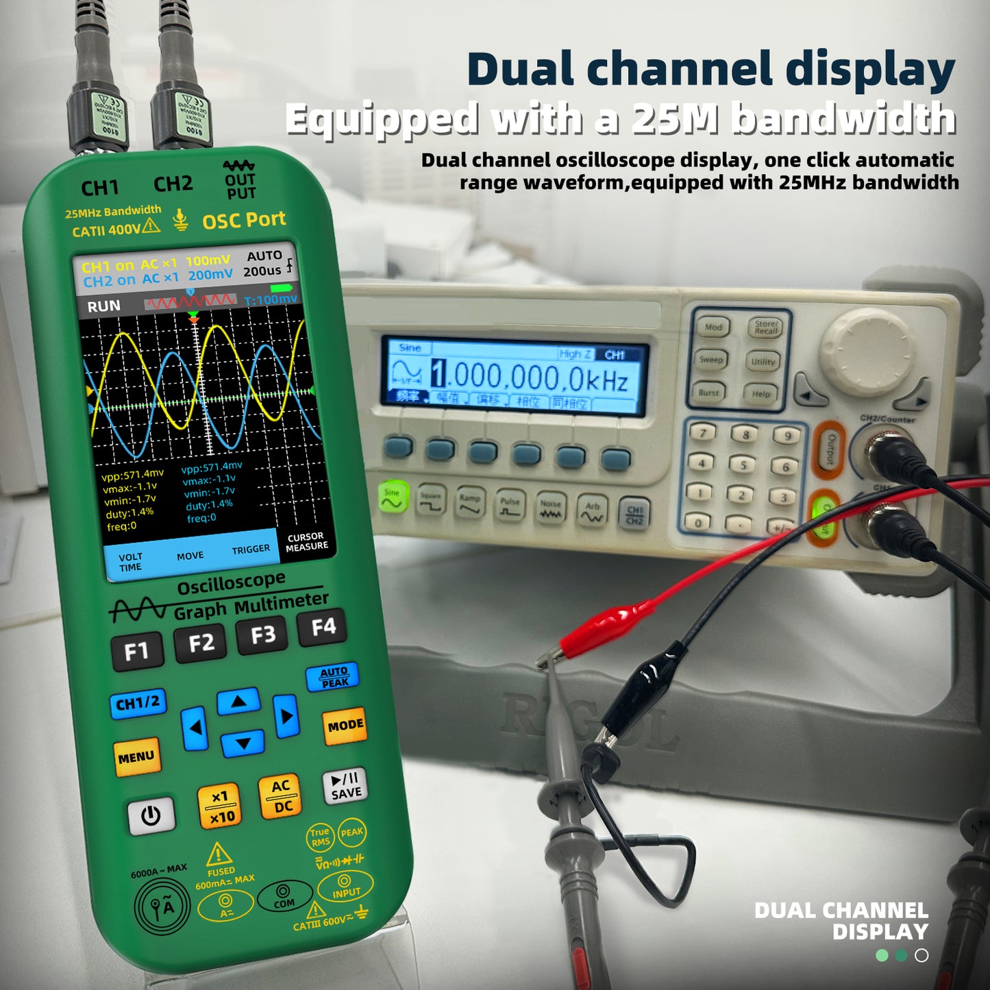 BSIDE O7 Handheld Oscilloscope 4-IN-1 Digital Multimeter+Function Signal Generator Dual Channel 25MHz*2 Vol 6000A Current Tester