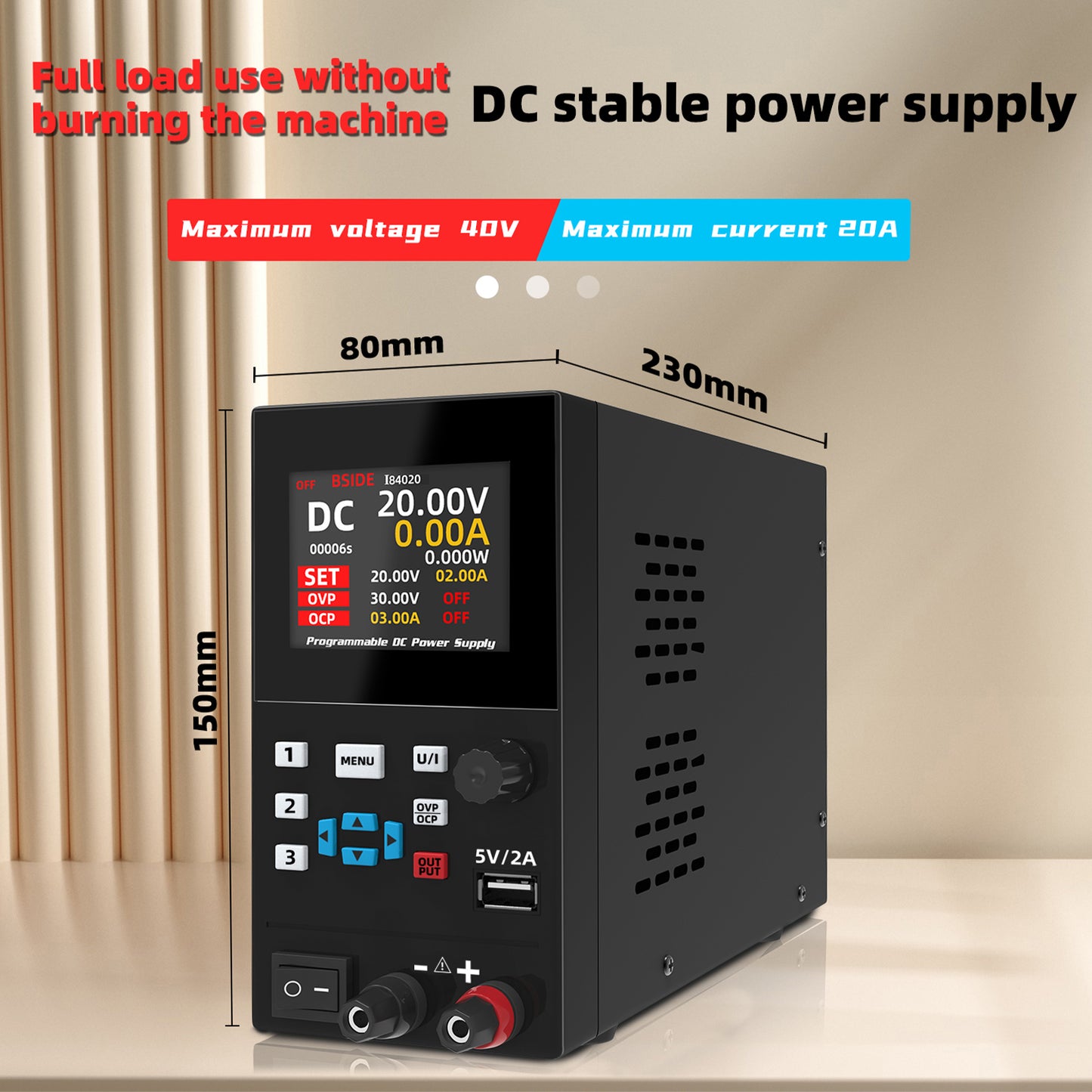 BSIDE 40V 20A DC Power Supply Variable, Programmable with Encoder Knob, Adjustable Switching Regulated Bench Power Supply, 4-Digits LED Display with Memory Storage, 5V/2A USB Ports and Output Button