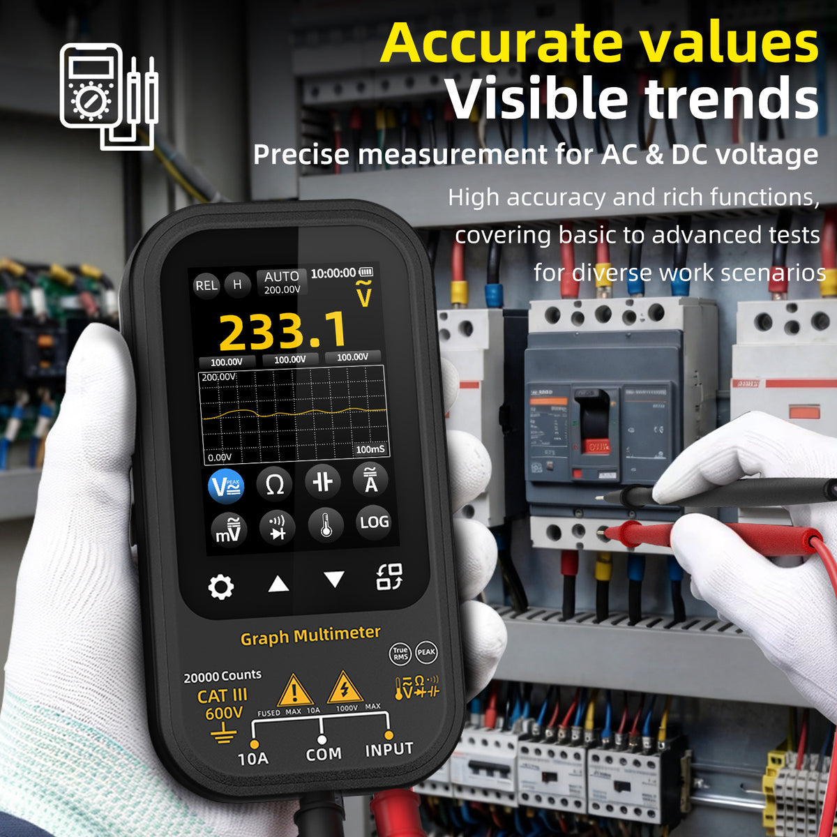 BSIDE S700 Graphing Multimeter, 20000 Counts Digital Multimeter with 3.5" TFT Capacitive Touchscreen, True RMS, Data Logging, 1000V DC/750V AC, 10A AC/DC, USB-C
