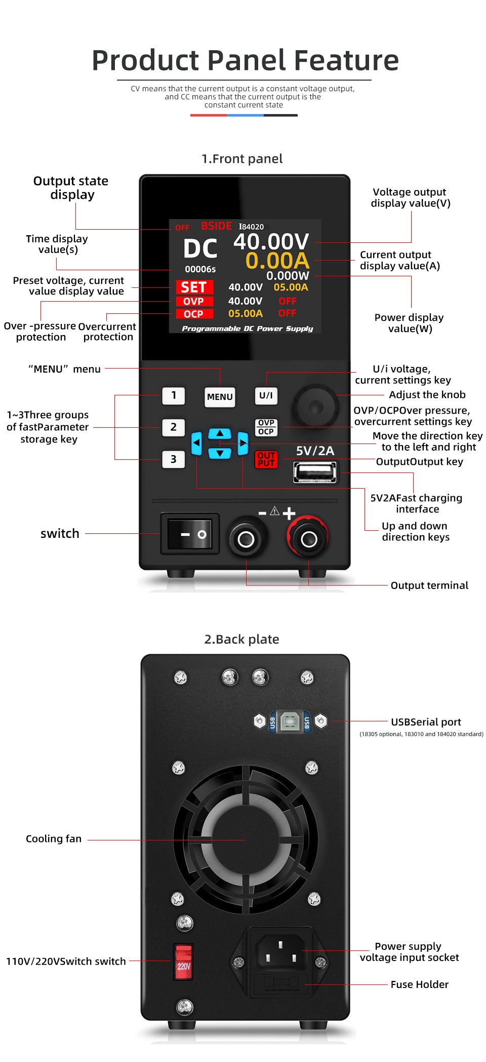 BSIDE 40V 20A DC Power Supply Variable, Programmable with Encoder Knob, Adjustable Switching Regulated Bench Power Supply, 4-Digits LED Display with Memory Storage, 5V/2A USB Ports and Output Button