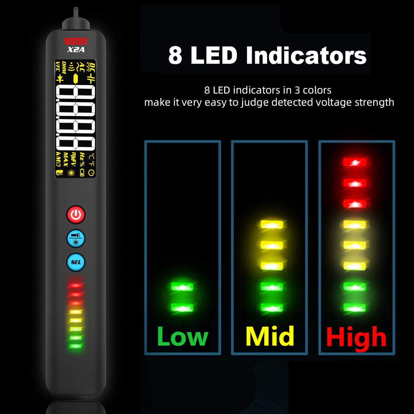 BSIDE X2A Smart Non-Contact Voltage Tester Laser indicator light Multimeter Digital DC AC Capacitance Ohm Diode Hz NCV Live test