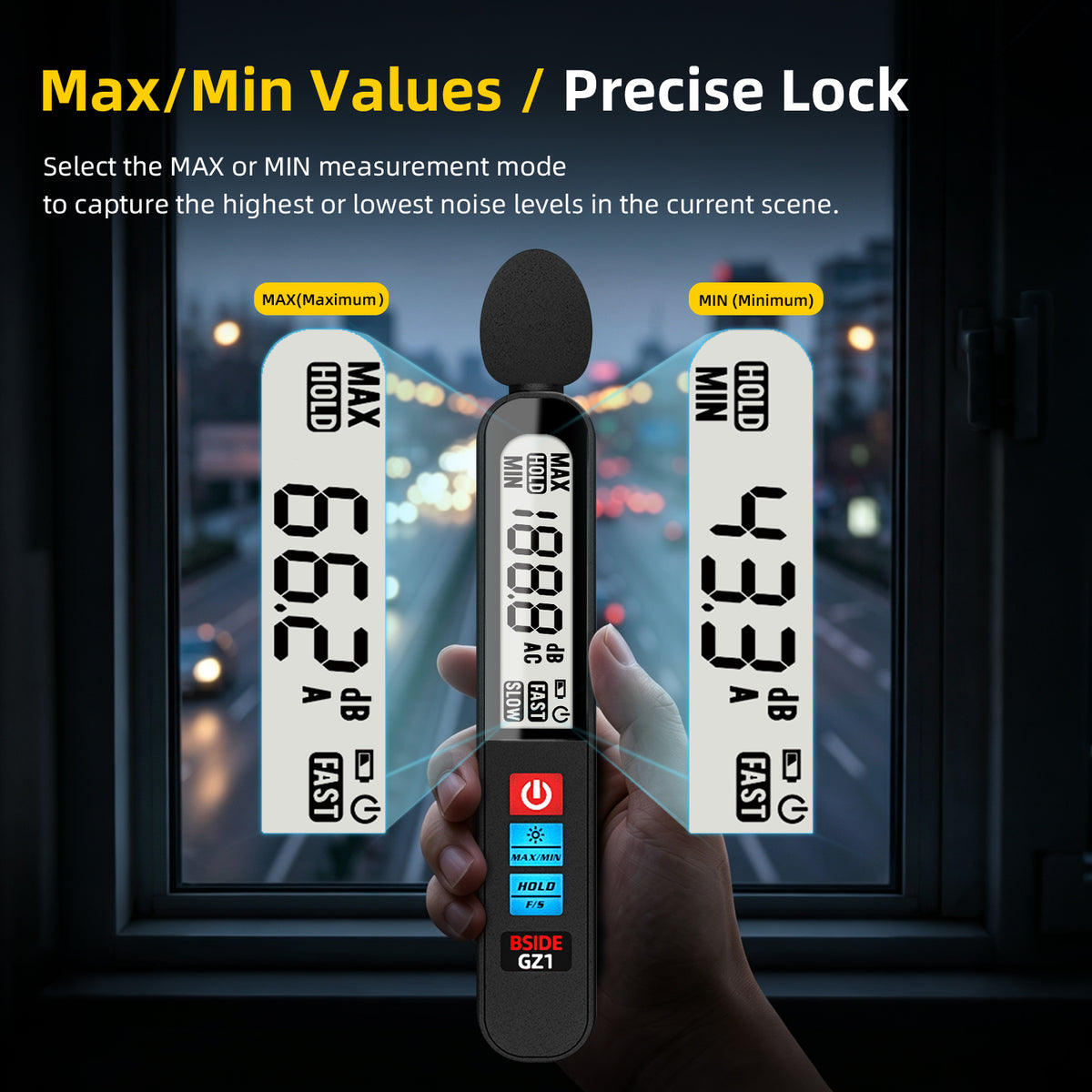 BSIDE GZ1 Sound Level Meter, Digital Decibel Meter 30-130dB, Noise Meter with 50Hz-20kHz Frequency Response, A-Weighting, Fast/Slow, MAX/MIN, Data Hold, Backlit LCD, Rechargeable Battery