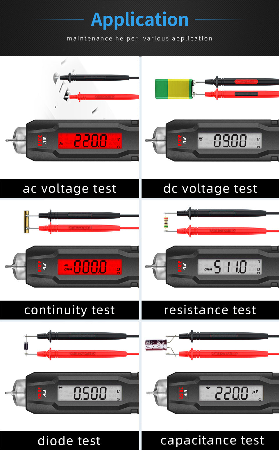 BSIDE A3 Smart Digital Multimeter Pen Type Multitester True RMS Voltmeter DC AC Voltage Capacitance Ohm Hz Diode NCV Live Tester