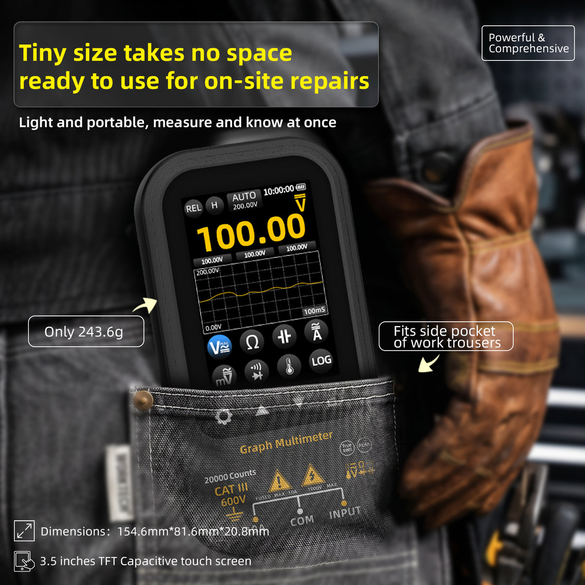 BSIDE S700 Graphing Multimeter, 20000 Counts Digital Multimeter with 3.5" TFT Capacitive Touchscreen, True RMS, Data Logging, 1000V DC/750V AC, 10A AC/DC, USB-C