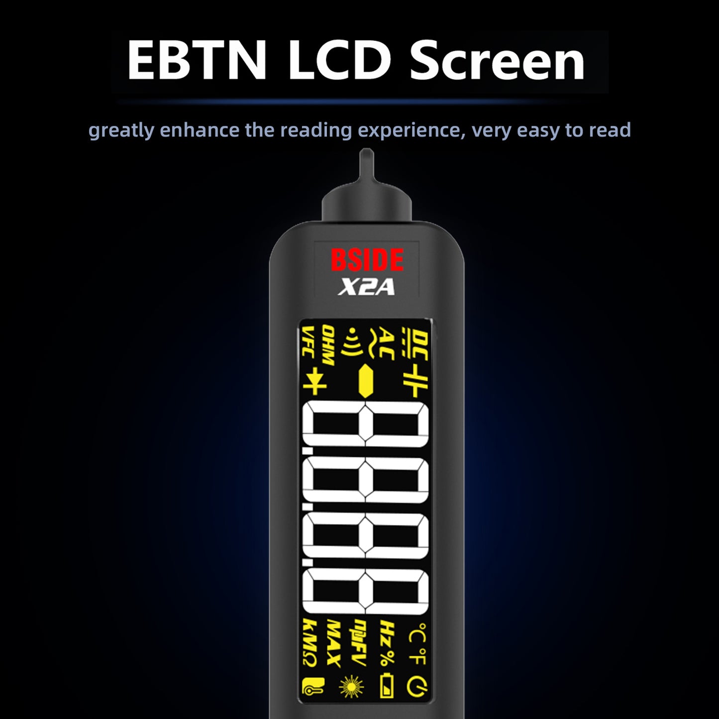 BSIDE Voltage Tester EBTN LCD Non-Contact Voltage Detector Pen with Integrated Cross Line Laser, Measure Capacitance VFC Diode Resistance Hz, V-Alert Live Check Electric Sensor