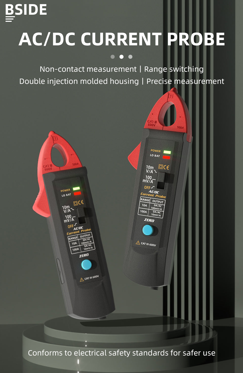 BSIDE UP1 Oscilloscope Current Probe, AC/DC Current Clamp 100A, 10A/100A Dual Range, 10mV/A and 100mV/A Output, 20kHz AC Bandwidth, Rechargeable Li-Ion Battery, CAT III 600V