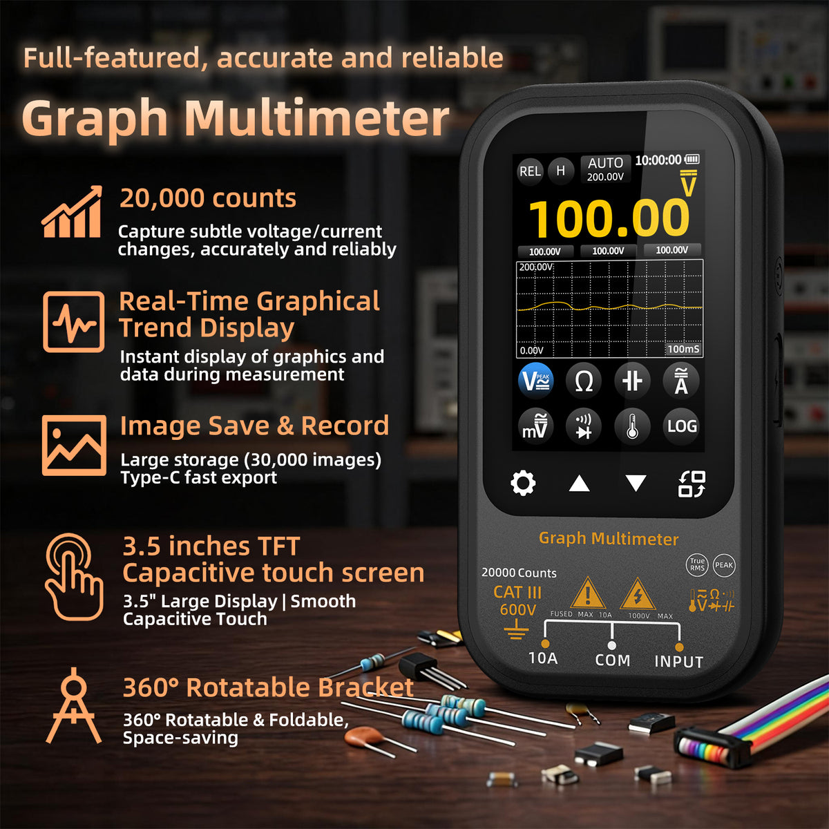 BSIDE S700 Graphing Multimeter, 20000 Counts Digital Multimeter with 3.5" TFT Capacitive Touchscreen, True RMS, Data Logging, 1000V DC/750V AC, 10A AC/DC, USB-C
