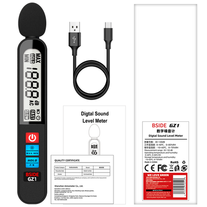 BSIDE GZ1 Sound Level Meter, Digital Decibel Meter 30-130dB, Noise Meter with 50Hz-20kHz Frequency Response, A-Weighting, Fast/Slow, MAX/MIN, Data Hold, Backlit LCD, Rechargeable Battery