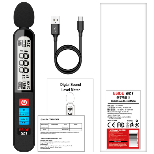 BSIDE GZ1 Sound Level Meter, Digital Decibel Meter 30-130dB, Noise Meter with 50Hz-20kHz Frequency Response, A-Weighting, Fast/Slow, MAX/MIN, Data Hold, Backlit LCD, Rechargeable Battery